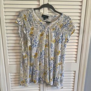 Womens Faith & Zoe Creamy White Blue and Yellow Blouse Smocked Cap Sleeve 3X